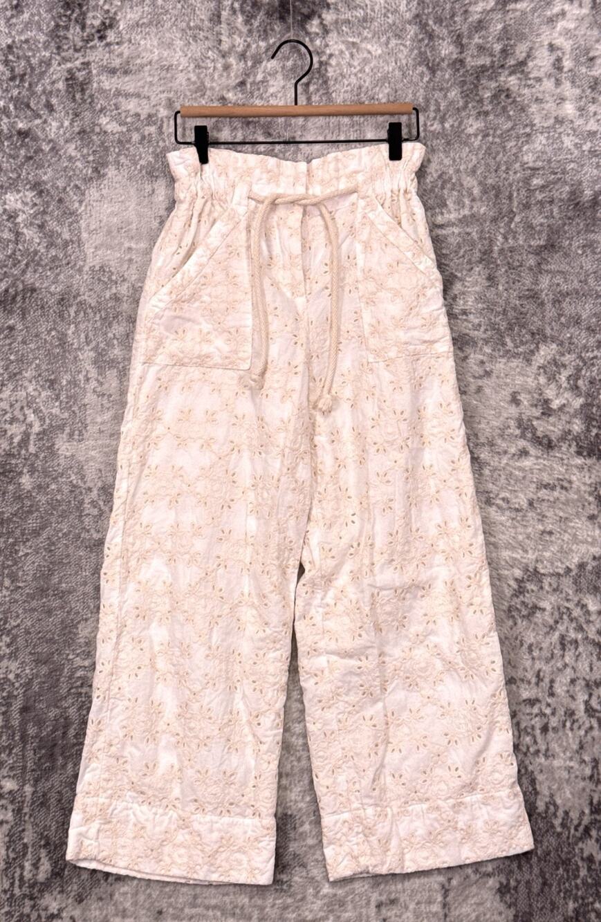 Sezane Jacques Trousers 36 / US Small Womens Ecru Eyelet Mid Rise Wide Leg Pant